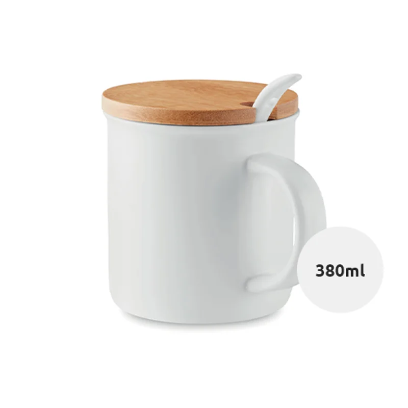 Tazza in porcellana con cucchiaino e coperchio in bambù 380ml