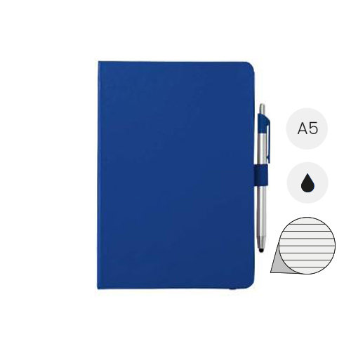 Block notes A5 con chiusura a elastico e penna con punta touch screen in refill nero e 80 fogli a righe