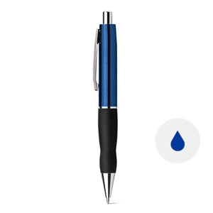 Penna a sfera in plastica con finitura metallizzata e meccanismo a scatto e refill blu