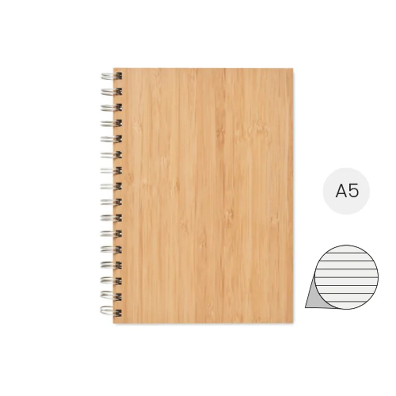 Block note A5 in bambù con aspirale ad anelli e 70 fogli a righe in carta kraft