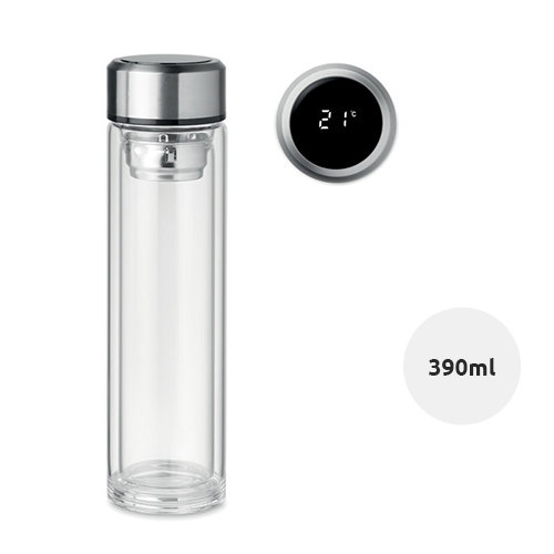 Borraccia in vetro borosilicato doppio strato con infusore per il tè e termometro touch sul tappo 390ml