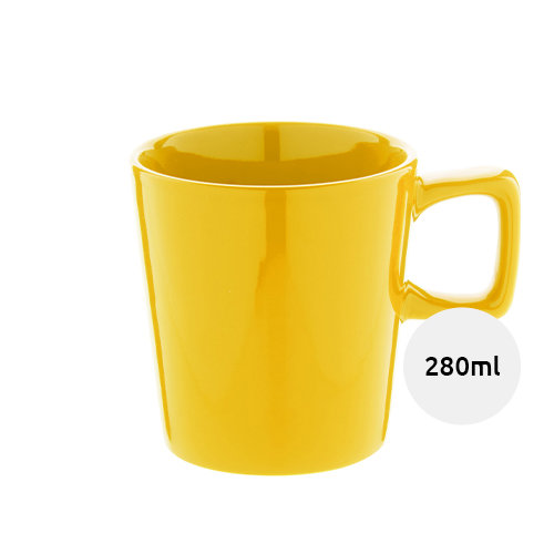 Tazza in ceramica colorata con manico rettangolare in confezione in cartoncino kraft da 280ml