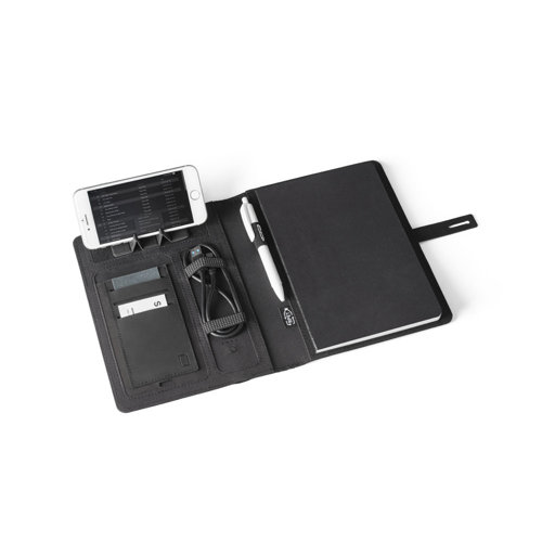 Cartella portadocumenti in RPET con caricatore wireless e Block notes in formato A5 con tasche interne e fornito in scatola regalo