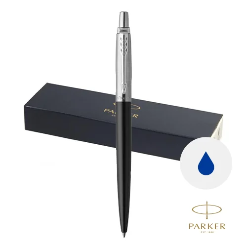 Penna a sfera Parker in acciaio con fusto di color nero e con meccanismo a scatto in confezione regalo e refill blu