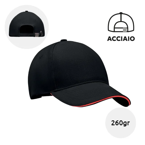 Cappellino con visera in cotone da 260gr a 5 pannelli e fibbia in acciaio argentato 