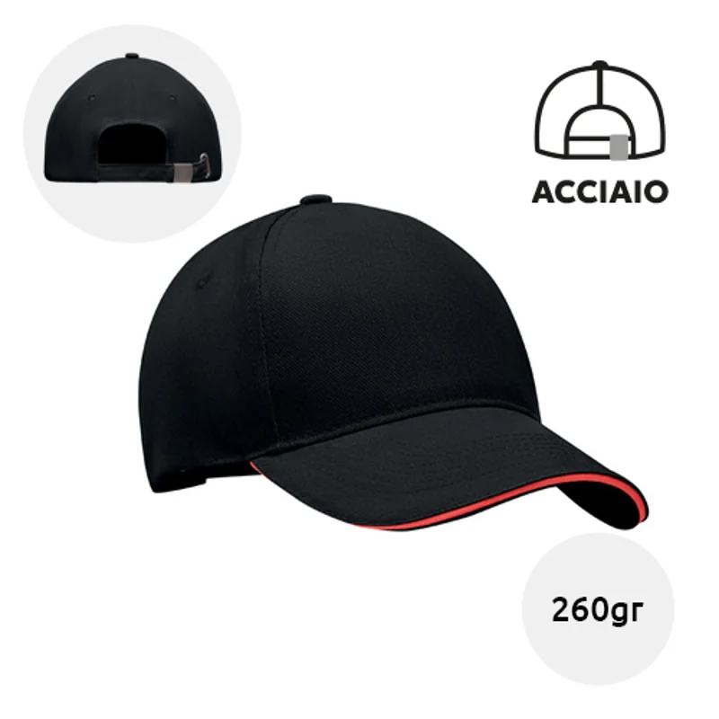 Cappellino con visera in cotone da 260gr a 5 pannelli e fibbia in acciaio argentato 