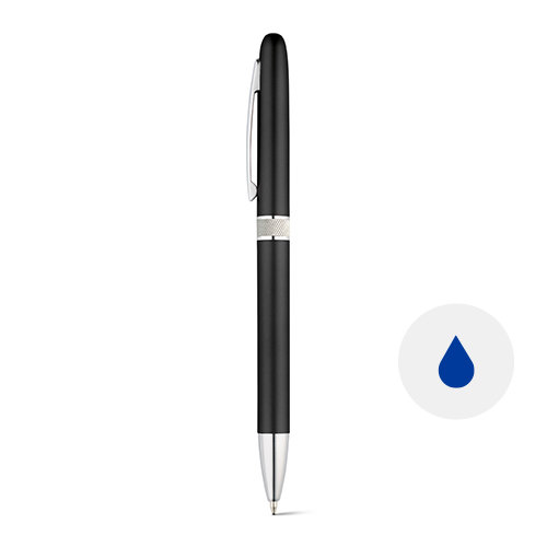 Penna a sfera in plastica disponibile in vari colori con clip in metallo e meccanismo a rotazione e refill blu