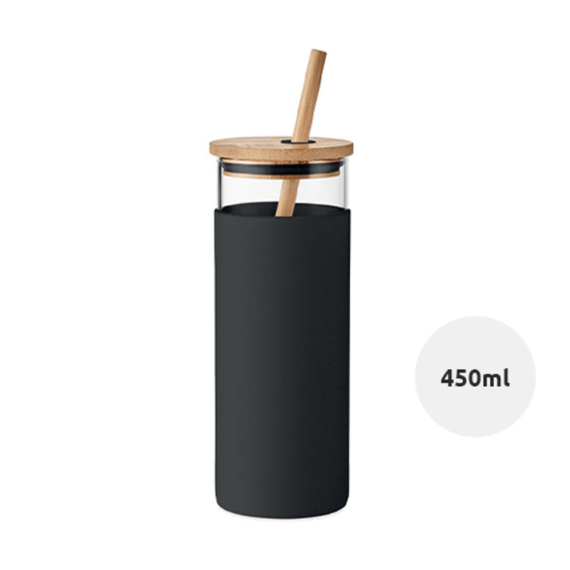 Bicchiere in vetro con custodia in silicone e coperchio con cannuccia in bambù da 450ml