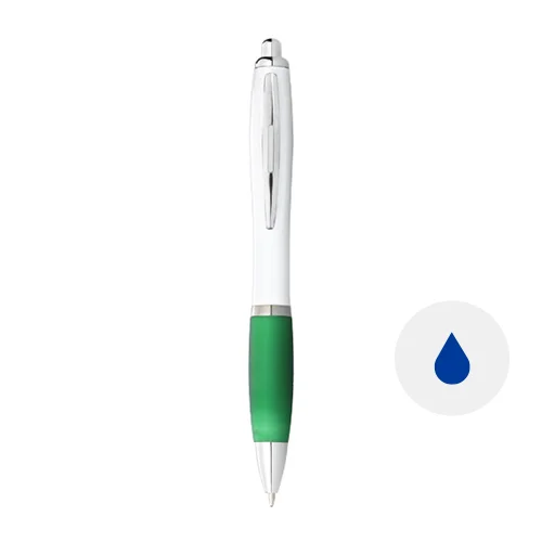 Penna a sfera in plastica bianca con impugnatura morbida colorata e con meccanismo a scatto e refill blu