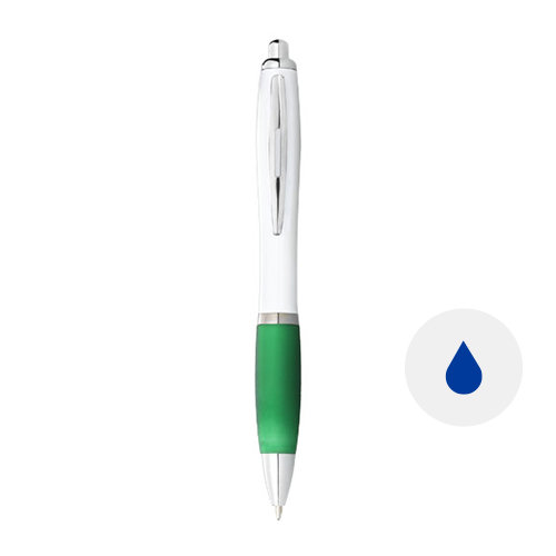 Penna a sfera in plastica bianca con impugnatura morbida colorata e con meccanismo a scatto e refill blu