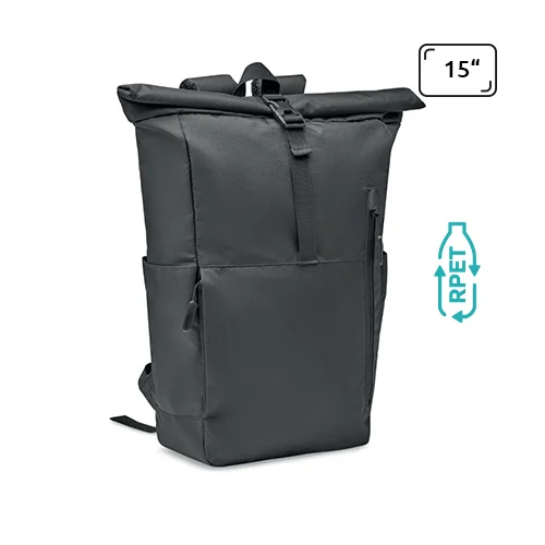 Zaino porta pc da 15" rolltop in RPET con ampia tasca frontale e chiusura con cerniera a zip e tasche laterali per le borracce