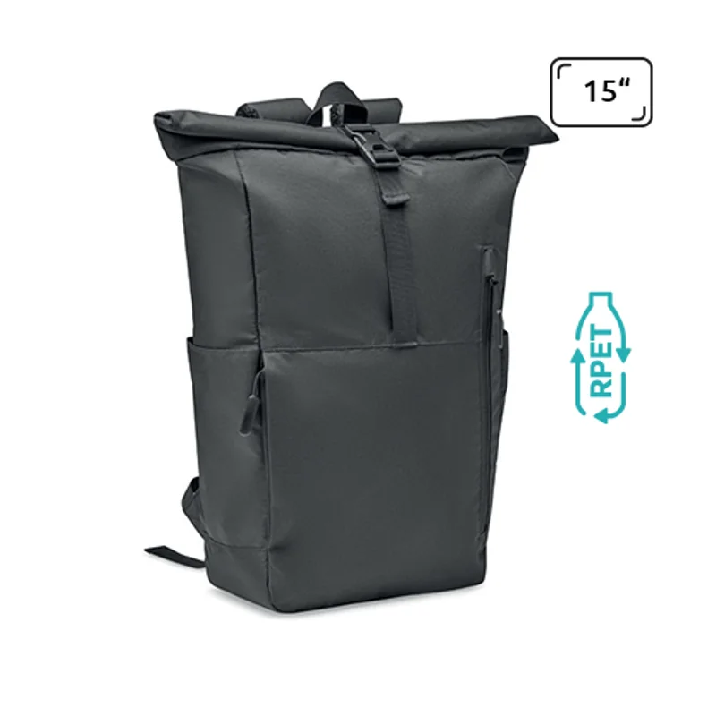 Zaino porta pc da 15" rolltop in RPET con ampia tasca frontale e chiusura con cerniera a zip e tasche laterali per le borracce