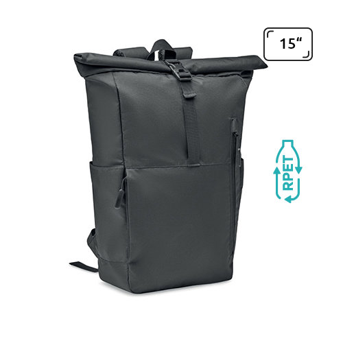 Zaino porta pc da 15" rolltop in RPET con ampia tasca frontale e chiusura con cerniera a zip e tasche laterali per le borracce