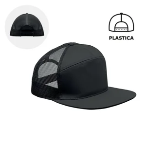 Cappellino con visiera piatta in cotone a 7 pannelli con retinatura sul retro e chiusura in plastica