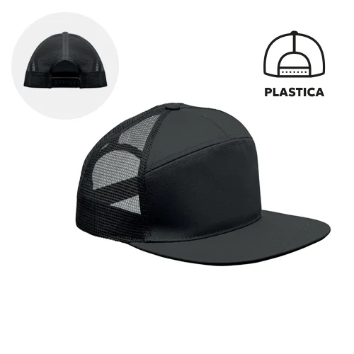 Cappellino con visiera piatta in cotone a 7 pannelli con retinatura sul retro e chiusura in plastica