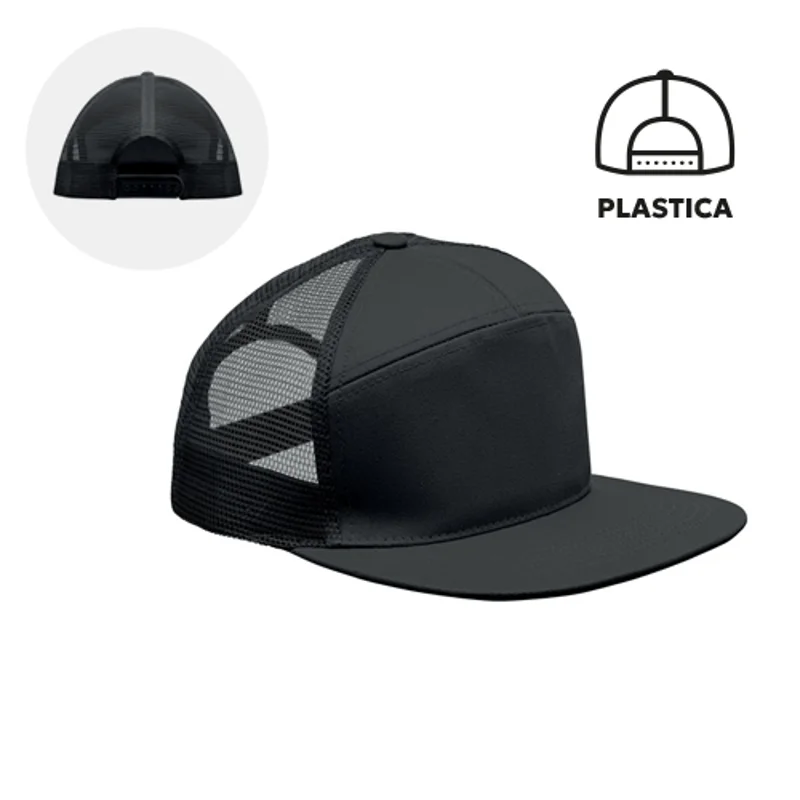 Cappellino con visiera piatta in cotone a 7 pannelli con retinatura sul retro e chiusura in plastica