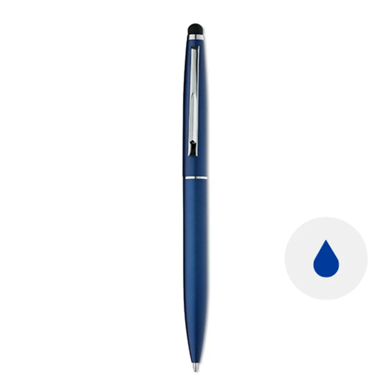 Penna a sfera in alluminio finitura opaca e punta touch con meccanismo a rotazione e refill blu