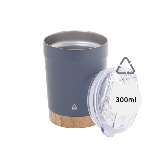Tazza termica in acciaio inox riciclato da 300ml con base in bambù e coperchio in plastica AS 