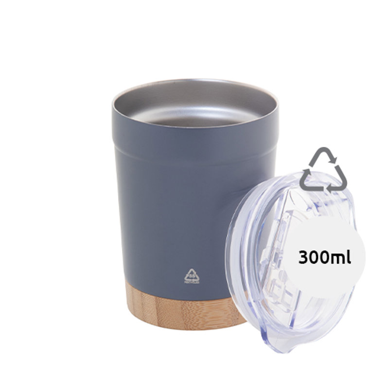 Tazza termica in acciaio inox riciclato da 300ml con base in bambù e coperchio in plastica AS