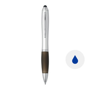 Penna a sfera in ABS con impugnatura morbida colorata coordinata con la punta touch e con meccanismo a rotazione e refill blu