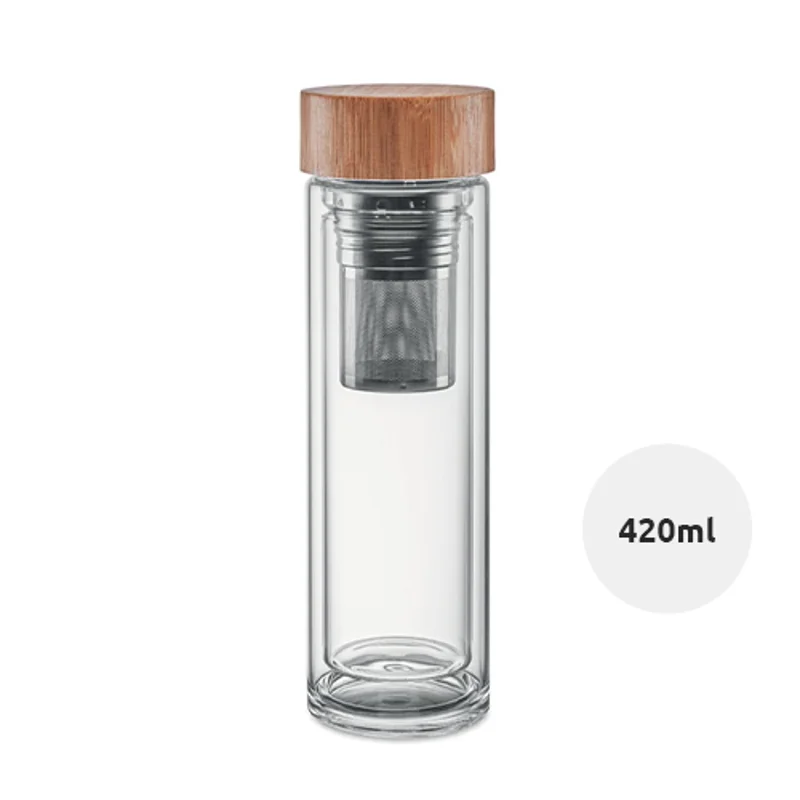 Borraccia in vetro 420ml con coperchio in bambù e infusore per thè
