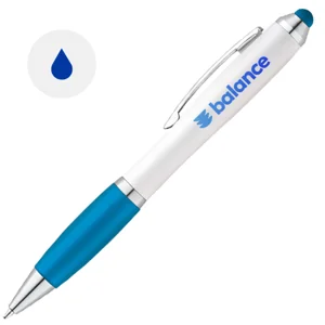 Penna a sfera in plastica con clip in metallo e impugnatura antiscivolo colorata in coordinato con la punta touch e refill blu