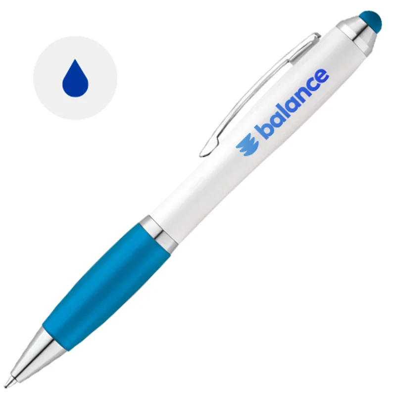 Penna a sfera in plastica con clip in metallo e impugnatura antiscivolo colorata in coordinato con la punta touch e refill blu