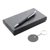 Set regalo con penna refill blu e portachiavi in alluminio riciclato con finitura gommata