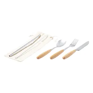 Set 5 posate inox con manico in legno con sacchetto in cotone
