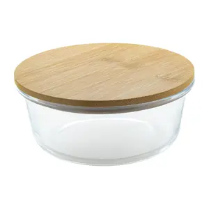 Porta pranzo tondo in vetro con coperchio in bambù da 650ml
