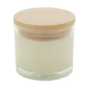 Candela con cera vegetale alla vaniglia contenitore in vetro e coperchio in bambù in scatola di cartoncino kraft