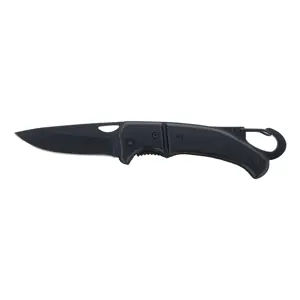 Coltello tascabile in acciaio inossidabile, completamente nero, con manico in alluminio, moschettone e chiusura di sicurezza