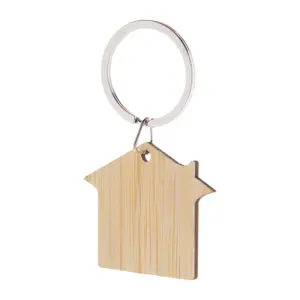 Portachiavi in bambù a forma di casa con anello in metallo