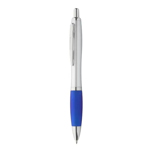 Penna in plastica con corpo argentato ed impugnatura in gomma colorata con meccanismo a scatto e refill blu