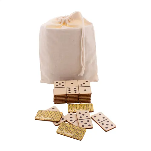 Gioco domino personalizzabile tessere in betulla e sacchetto cotone