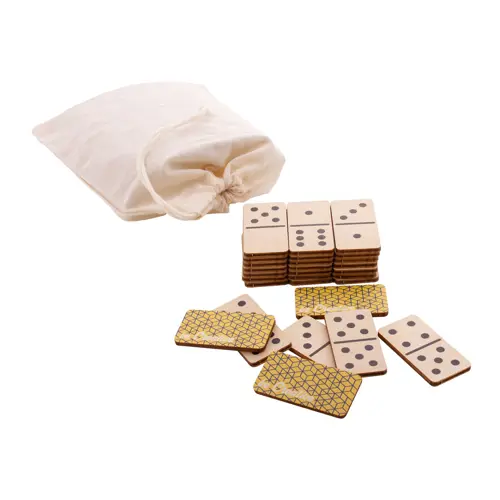 Gioco domino personalizzabile tessere in betulla e sacchetto cotone