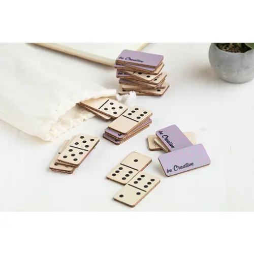 Gioco domino personalizzabile tessere in betulla e sacchetto cotone