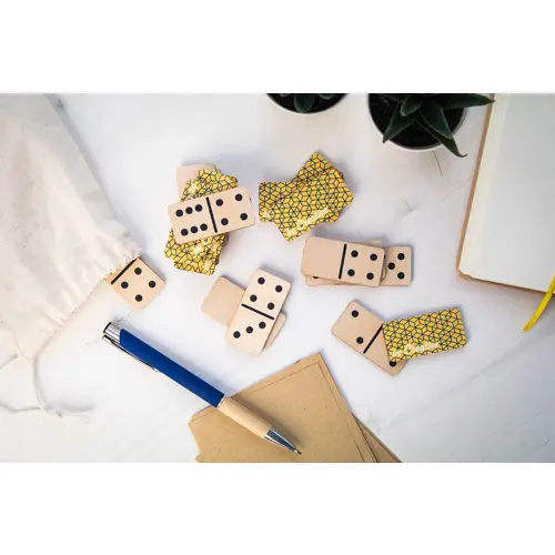 Gioco domino personalizzabile tessere in betulla e sacchetto cotone