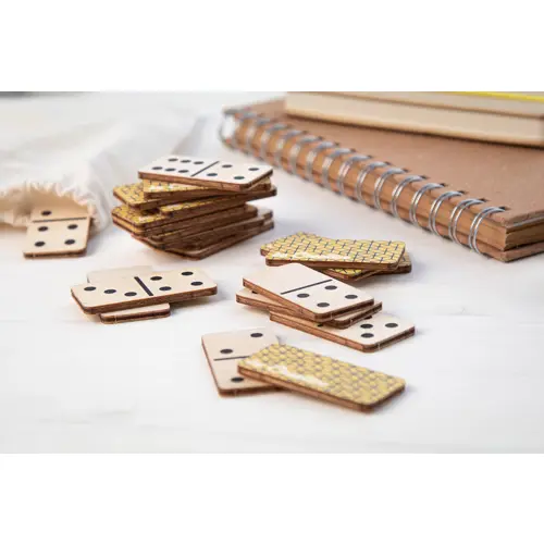Gioco domino personalizzabile tessere in betulla e sacchetto cotone
