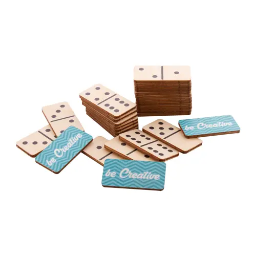 Gioco domino personalizzabile tessere in betulla e sacchetto cotone