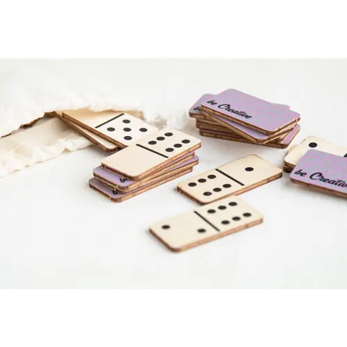 Gioco domino personalizzabile tessere in betulla e sacchetto cotone