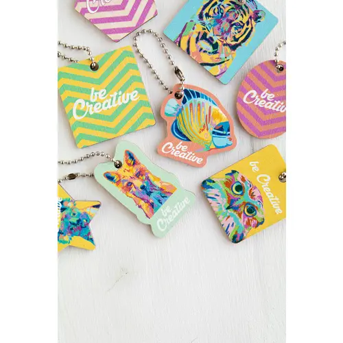 Portachiavi totalmente personalizzabile in multistrato di betulla con stampa in fullcolor