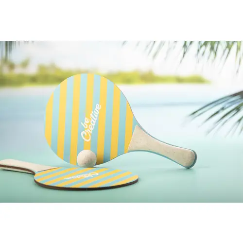 Racchettoni da spiaggia in compensato di betulla e plastica ecologica di paglia di grano personalizzabili su un lato di entrambe le racchette stampa multicolore