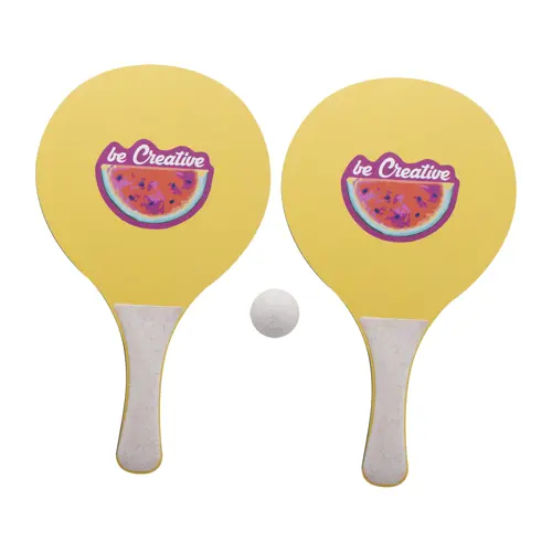 Racchettoni da spiaggia in compensato di betulla e plastica ecologica di paglia di grano personalizzabili su un lato di entrambe le racchette stampa multicolore