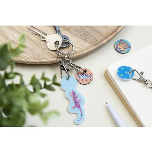 Portachiavi a moschettone in metallo con gettone in compensato di betulla stampata a colori