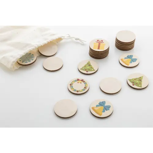 Gioco di memoria natalizio composto da tessere in betulla e sacchetto cotone