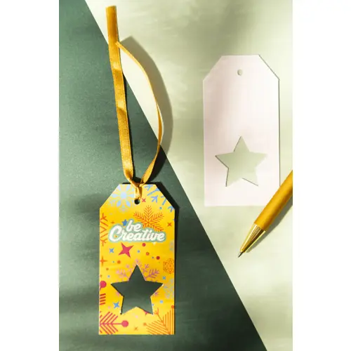 Etichetta natalizia personalizzata in cartoncino e nastro dorato