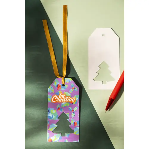 Etichetta natalizia personalizzata in cartoncino e nastro dorato