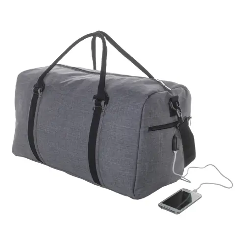 Borsone sportivo in poliestere con tracolla e porta USB integrata per power bank 50x30x29cm