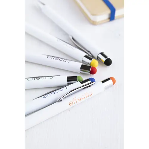 Penna a sfera in alluminio con rivestimento in gomma per incisione colorata in coordinato con la punta touch e refill blu